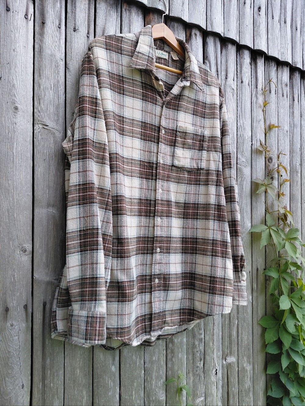 LL Bean brown white & grey plaid USA made button down shirt Mens Tall XL